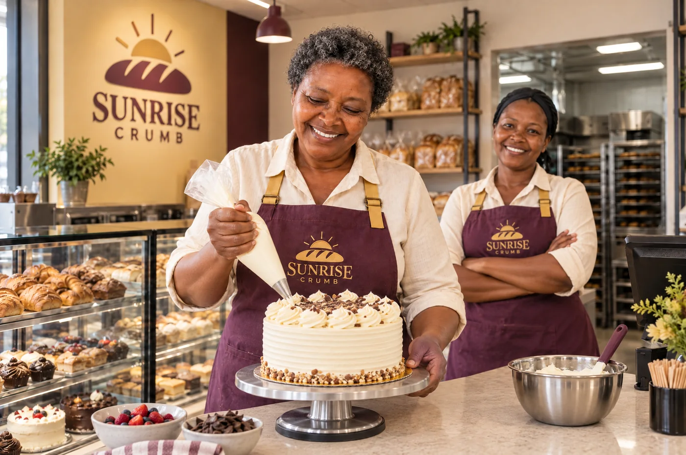 Illustrative Zimbabwean baker icing a cake with her colleague at Sunrise Crumb