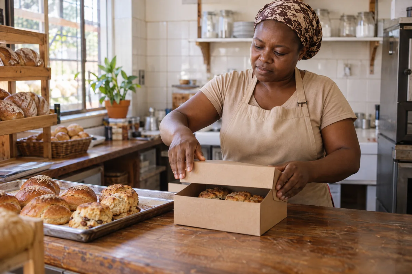 Illustrative Zimbabwean baker packing fresh bakes
