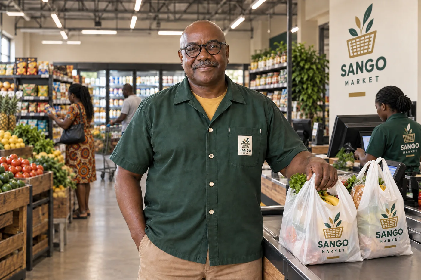 Illustrative Zimbabwean grocery owner at his Sango Market checkout