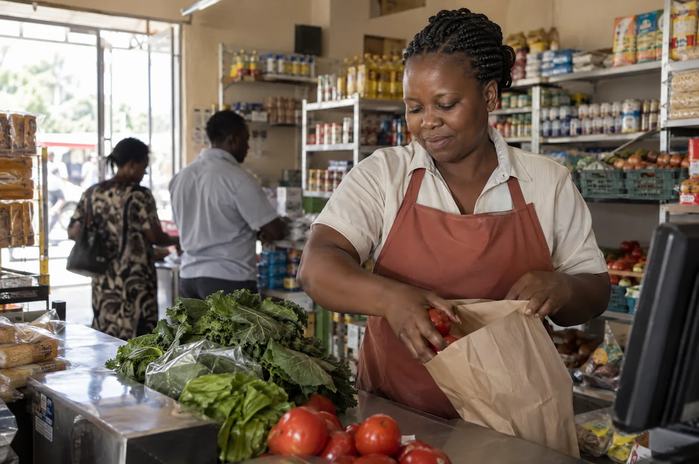 Illustrative Zimbabwean grocery merchant packing fresh produce
