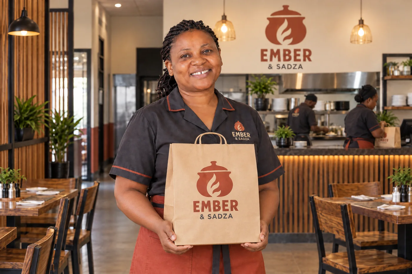 Illustrative Zimbabwean restaurant owner holding a takeaway order at Ember & Sadza