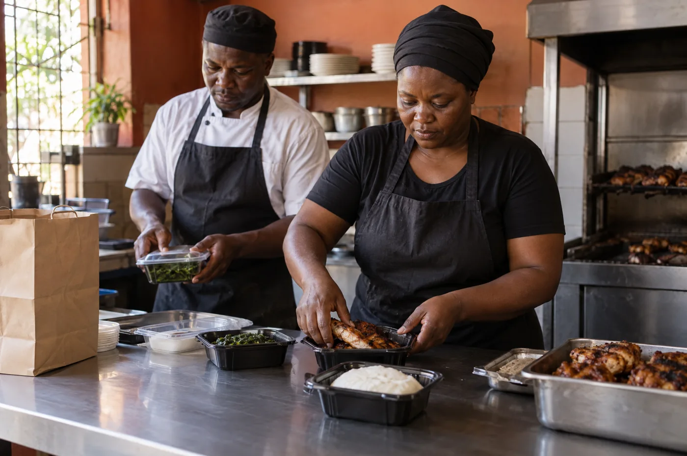 Illustrative Zimbabwean restaurant team preparing takeaway food